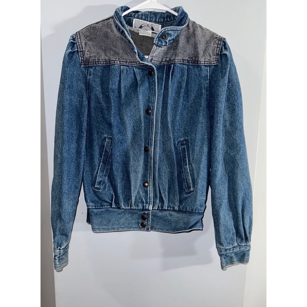 Vintage WBRK-FM gray‎ and blue denim jacket 80's to 90's snap front size medium